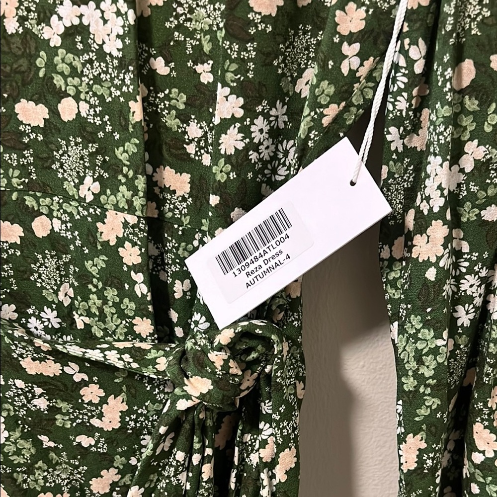 Reformation Reza Dress Green with floral Wrap Dress with Bishop Sleeves - Picture 6 of 8
